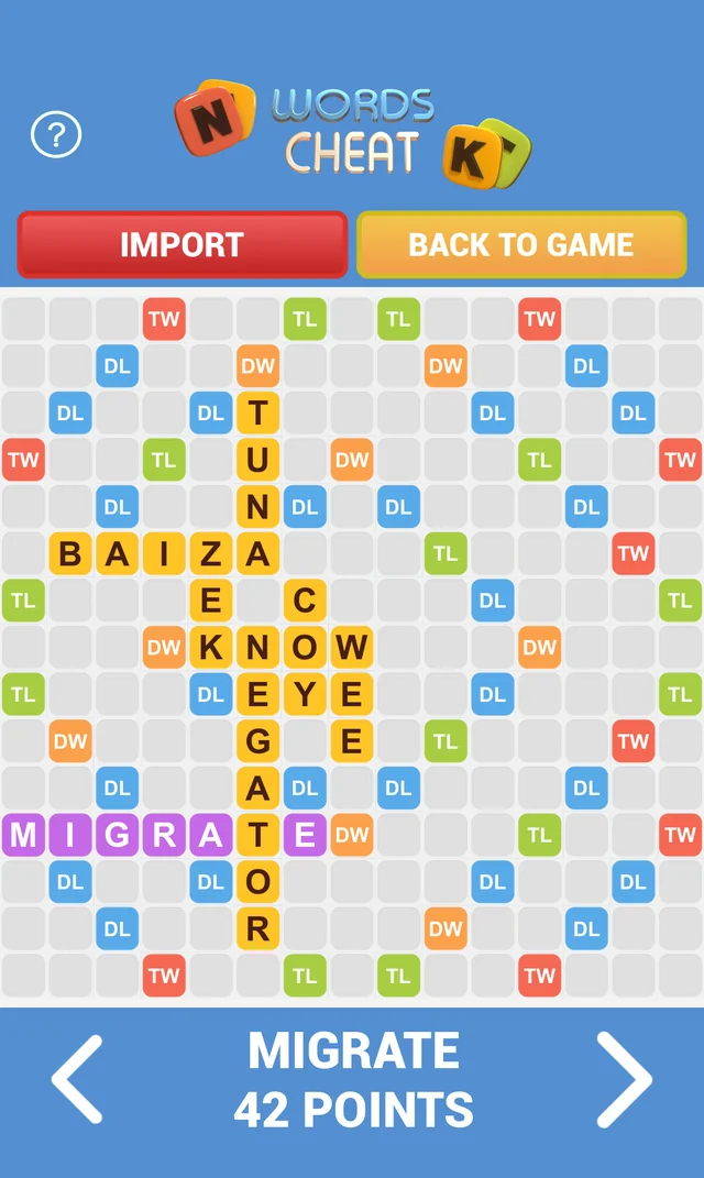 The app showing MIGRATE played down the board for 42 points