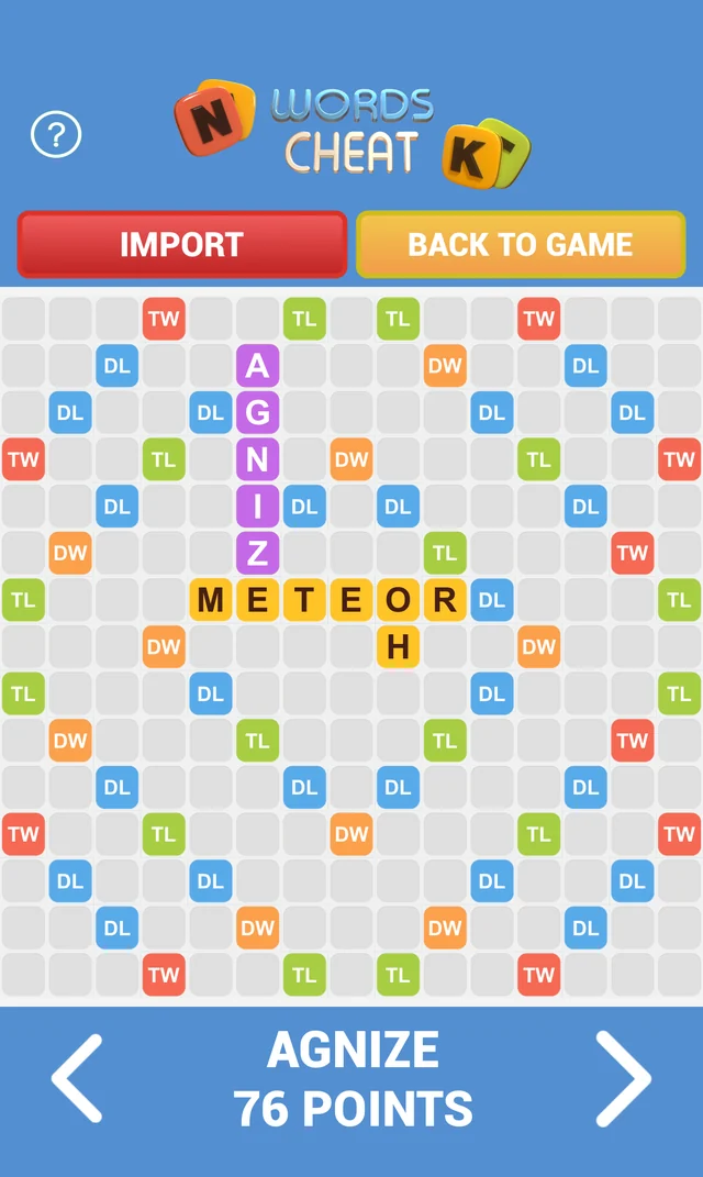 The app showing AGNIZE played down the board for 76 points
