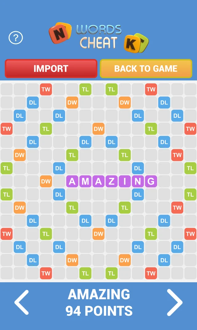The app showing a Words With Friends board with AMAZING highlighted for 94 points
